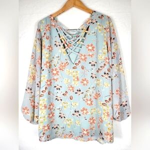 JODIFL NWT Blue Pastel Floral Print Tunic Medium Crossback Boho Cottagecore